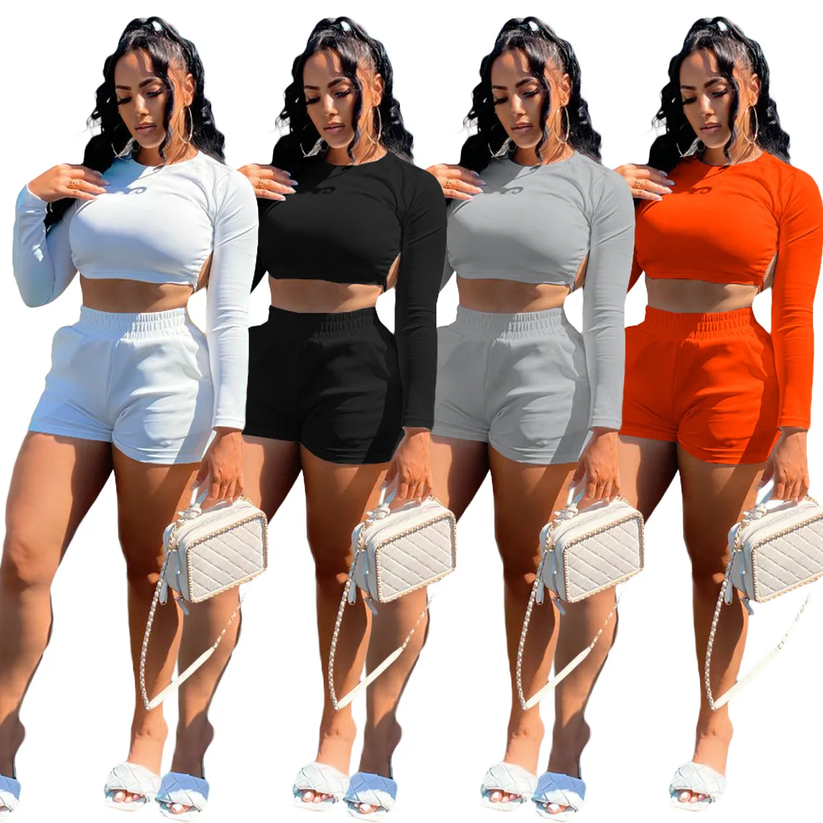 

BN166 Solid Color Shorts Back Hollow Drawstring Set