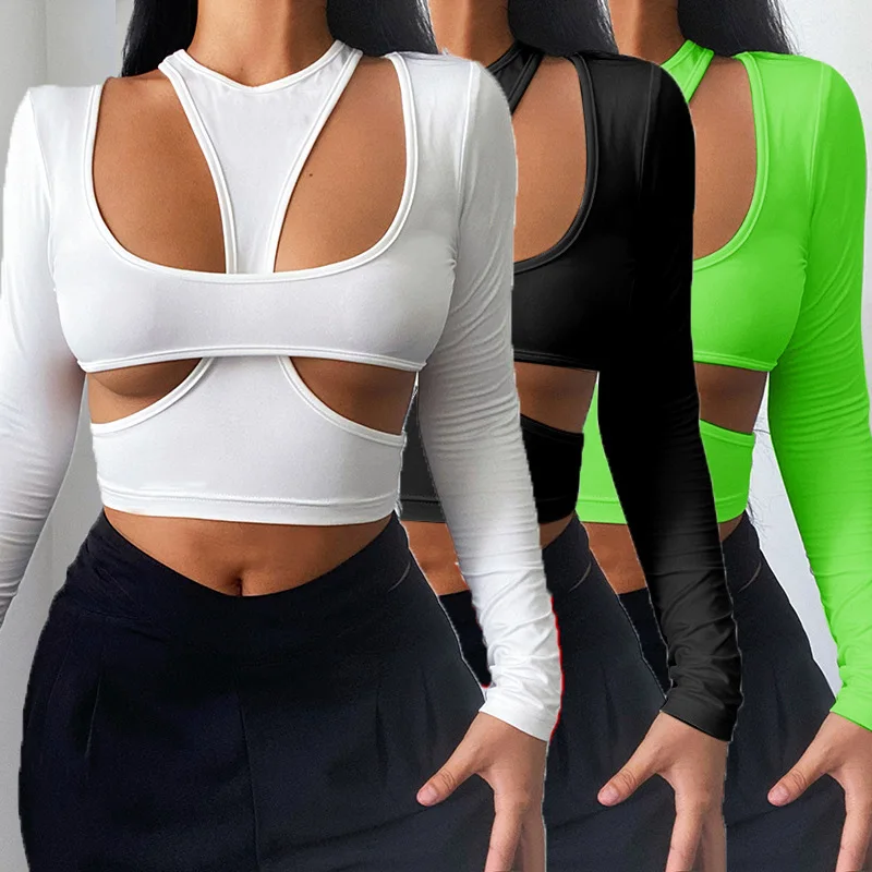 

Yinien 2022 Spring Bralette Bustier Crop Top Gym Tshirt Women Sexy Long Sleeve Crop Top for female mujer, Picture color