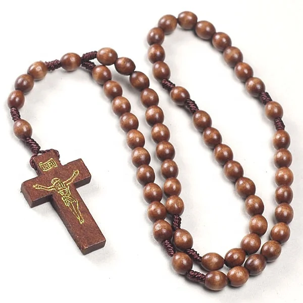 

Corded wood rosary religious with 8*7mm oval dark brown color wood beads