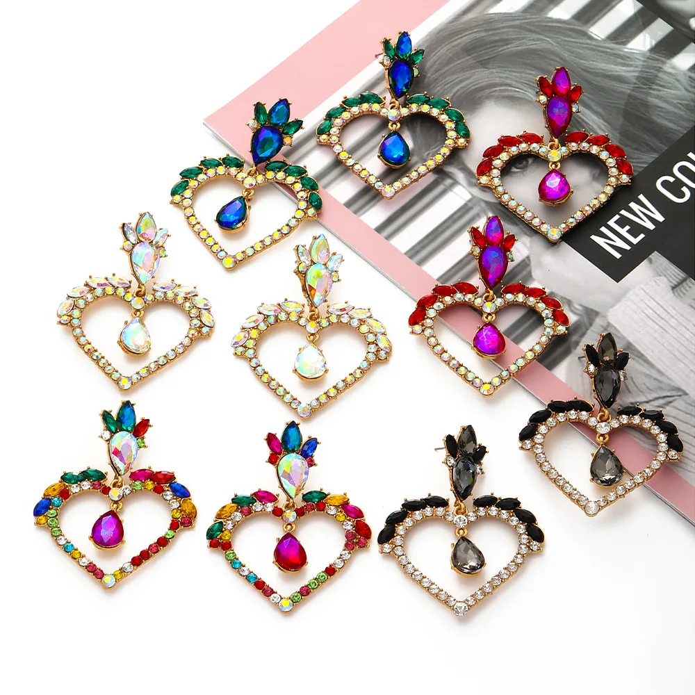 

Fashion Luxury Colorful Crystal Rhinestone Heart Drop Earrings Multi Color Glass Drill Hollow out Heart Earrings for Women, Picture shows