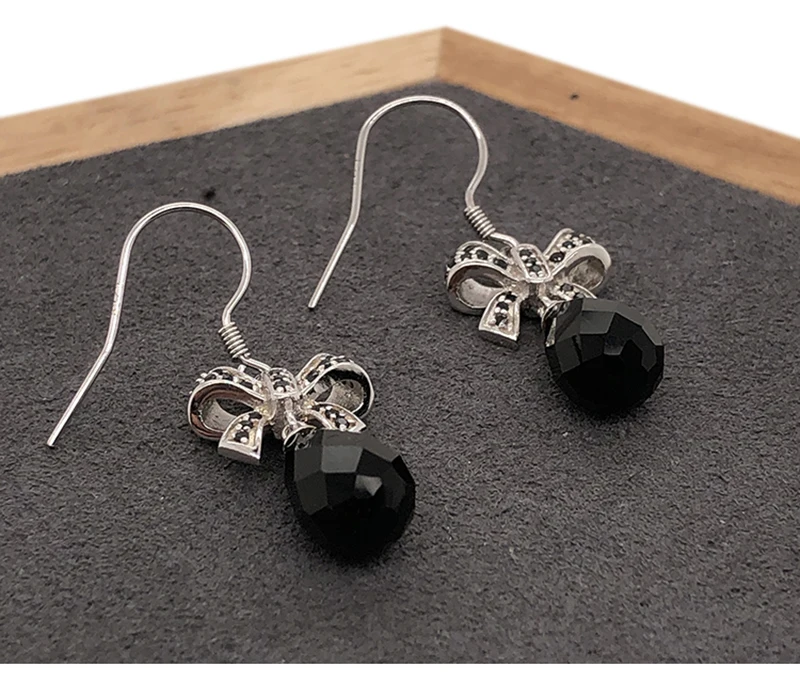 product-BEYALY-Black Water Drop Stone Bowknot Silver Earrings For Women-img