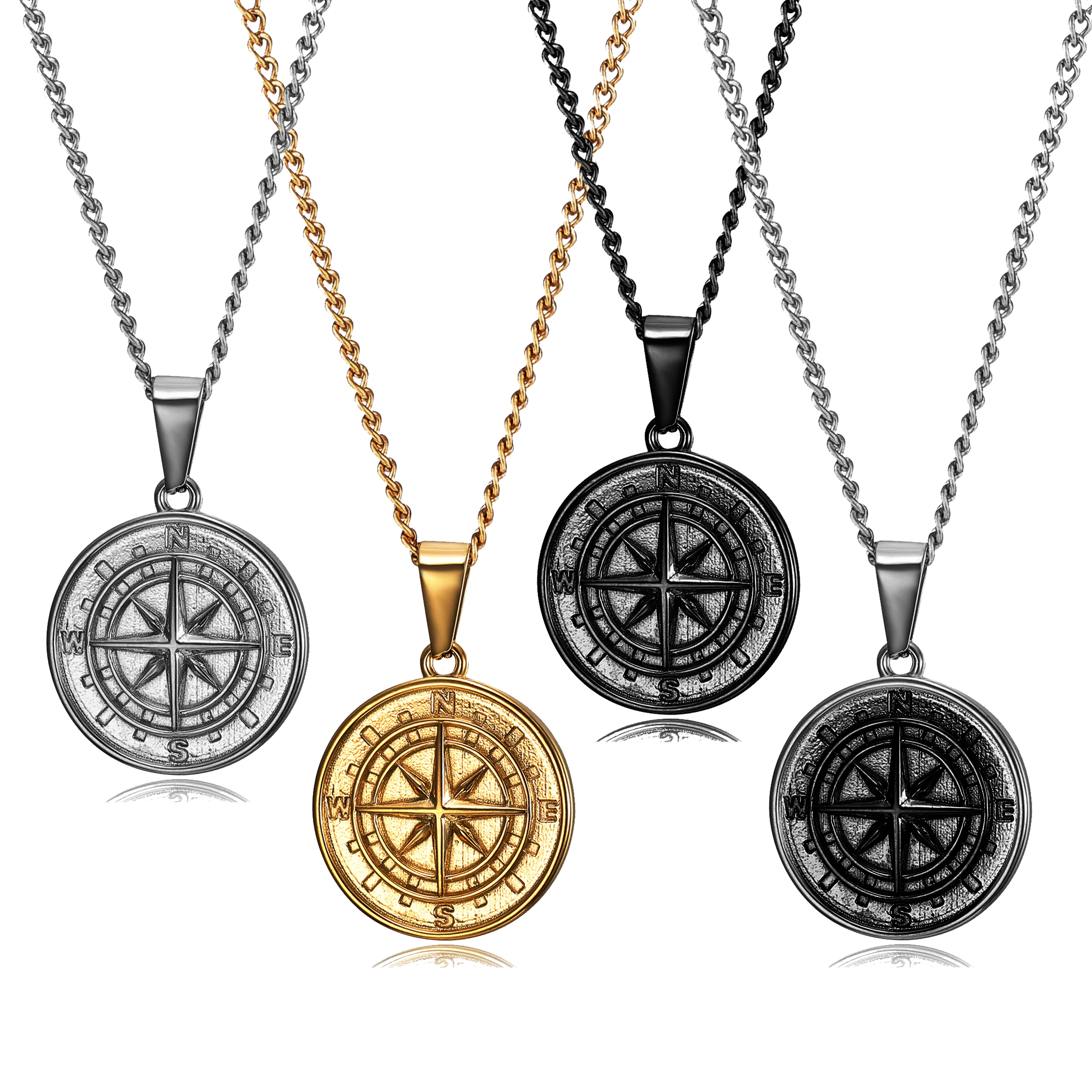 

In Stock Fashion North Star Jewelry Retro Black Silver 18K Gold Plated Stainless Steel Compass Necklace for Men Vintage Necklace