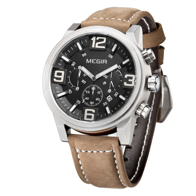 

Megir 3010 Mens casual sport quartz watch large dial waterproof chronograph Genuin leather wristwatch men relojes MEGIR brand