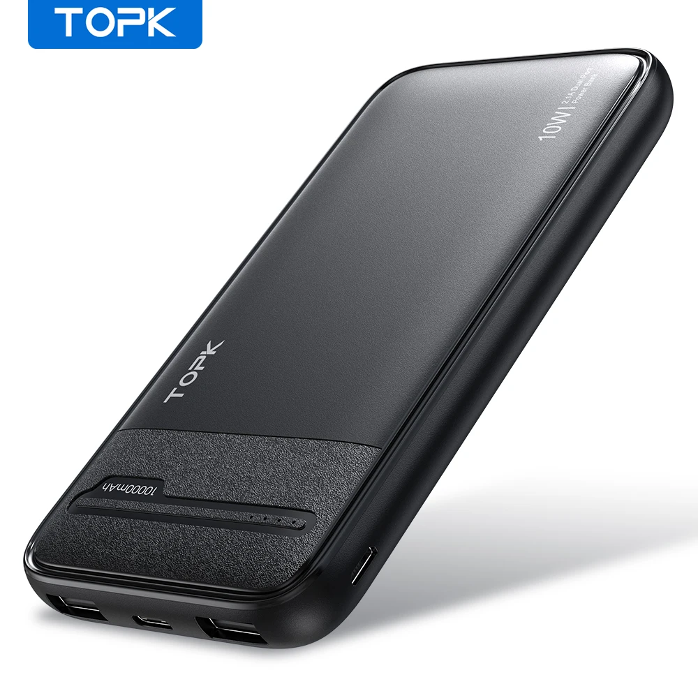

TOPK I1016 2.1A 2*USB-A Portable Mobile Charger Power bank 10000mah Micro Type-C Input, Black / red