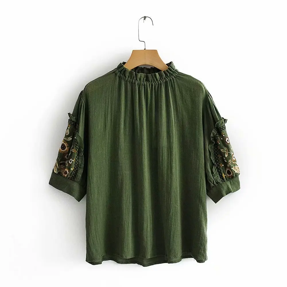 

Embroidery army green half sleeve cotton safety women o-neck t-shirt