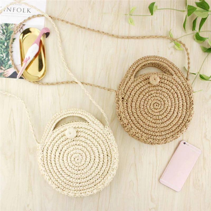 

2021 Straw Bag Summer Holiday Beach Round Handwoven Rattan Circle Women Bamboo Crossbody handbag, Picture color