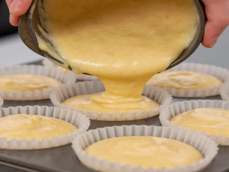 Hand pouring muffin batter into parchment liners