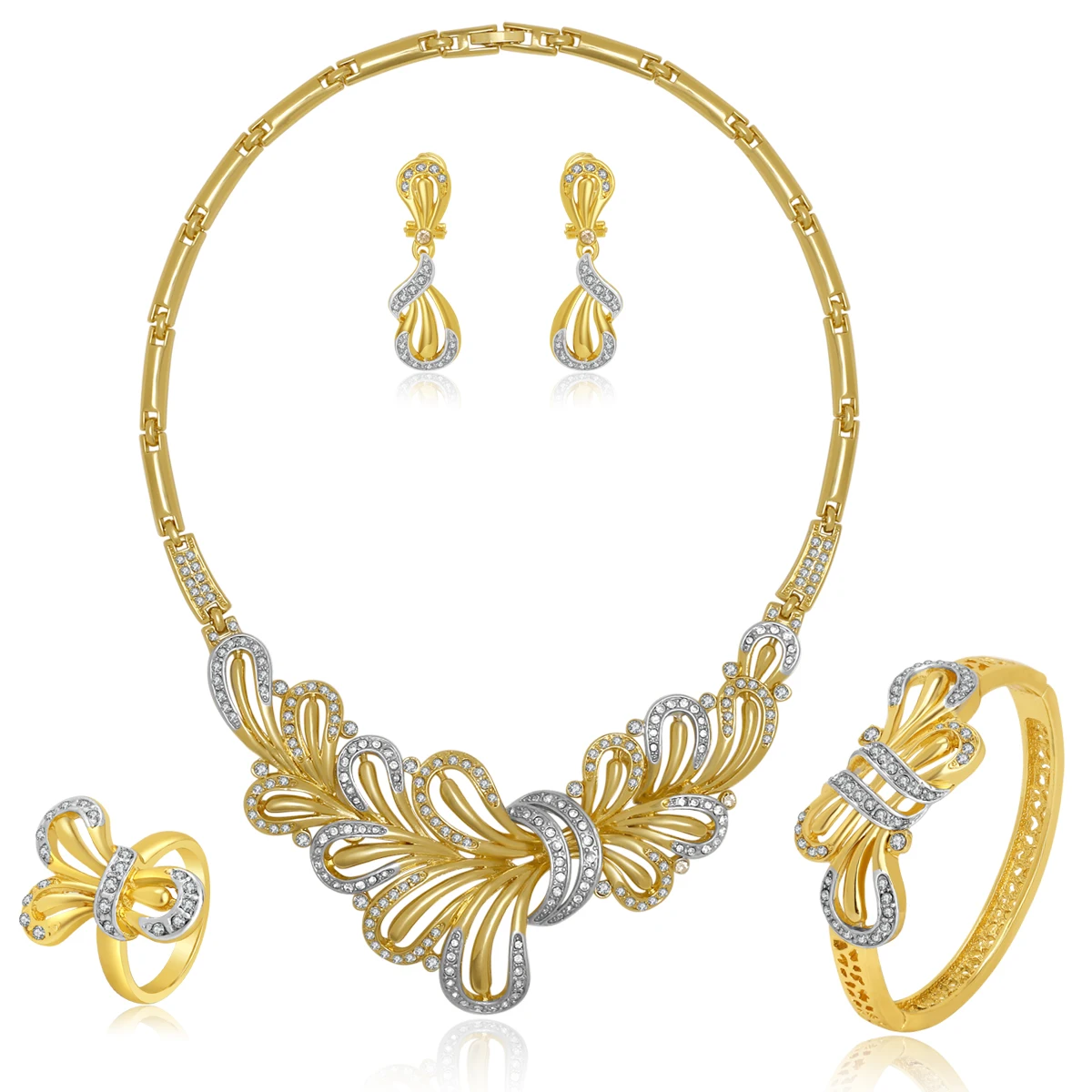 Fashion Dubai Gold Plated Jewelry Set Alloy Necklace Earrings Bangle ...
