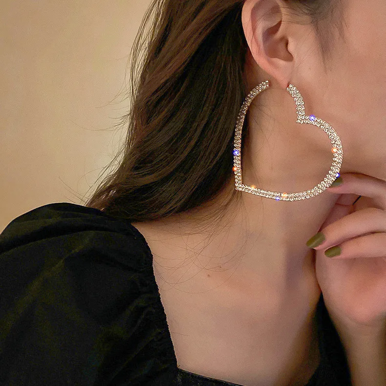 

2021 Korea Rhinestone Big Heart 925 Silver Earrings Fashion Women's Opening Crystal Hoop Ear Jewelry Gifts, Picture