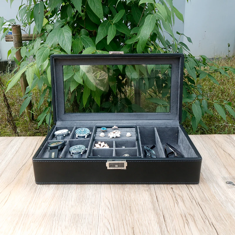 

Wholesale Luxury Black Wooden Watch Jewelry Case PU Leather Velvet Slots Watch Glasses Storage Box with Window