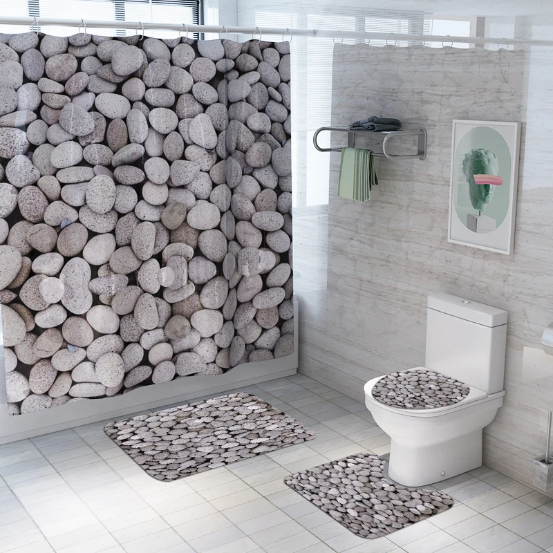 Stone Style Shower Curtain Lid Toilet Cover Bath Mat Rug with Hooks Bathroom Accessory Sets