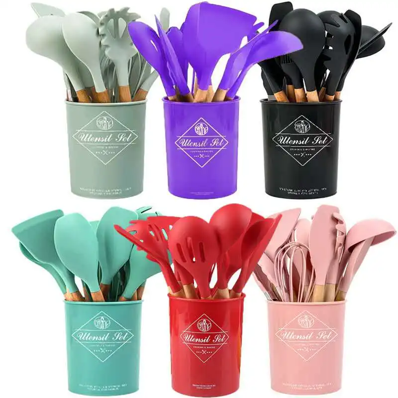 
12 Pieces Silicone Cookware Set With Wooden Handle Utensils Silicone Cooking Tools Silicone Kitchen Accessories 