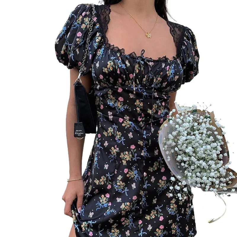 

2021 Spring New Women Slim Fit Short Skirt Retro Square Collar Floral Dress Girls' Sukienka Floral Dress Women Kleid Sexy
