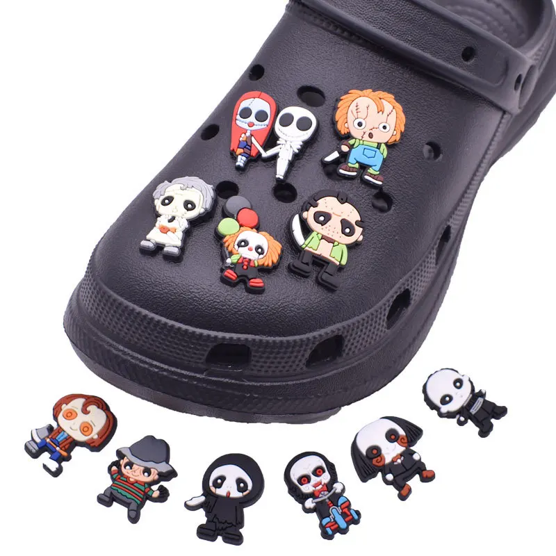 

100pcs+2022 Hot selling Factory whosale Customized Design Halloween skull clog Fashion PVC soft Shoe croc Charms Accessories, As picture