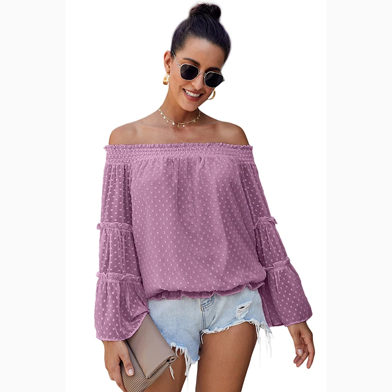 

2021 Wholesale Custom Casual Dot Off The Shoulder Woman Tops Fashionable Blouse, Customized off the shoulder top women