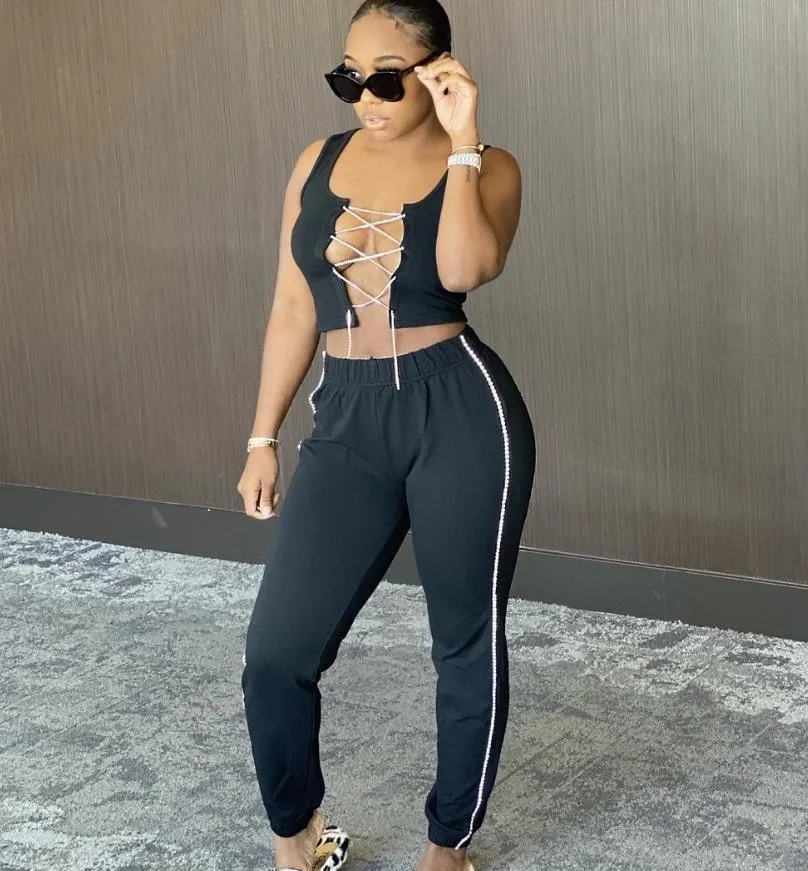 

B35356A 2021 Ready to ship winter fashion chain tube top+ casual pants set