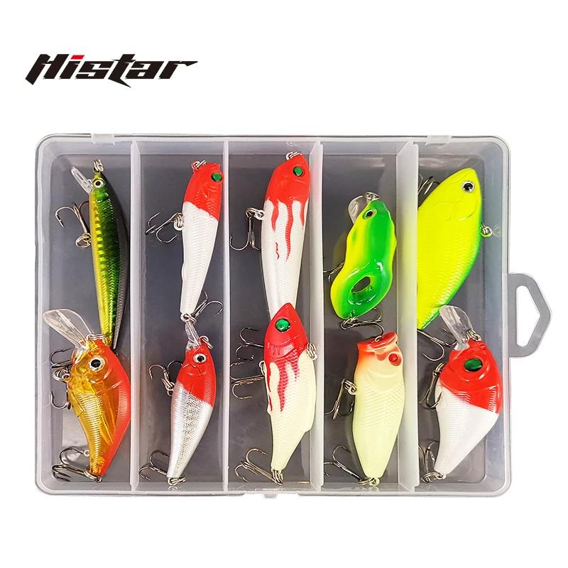 

HISTAR One Box 10pcs Hard Bait 67 to 88mm Treble Hooks Minnow/Crank/Popper/VIB/Pencil/frog Whole Water Apply Fishing Lure Suit