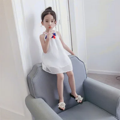 

F30185A 2021 Korean version chiffon female baby ethnic wind hanging neck children dress girls' dresses baby girl dress, White