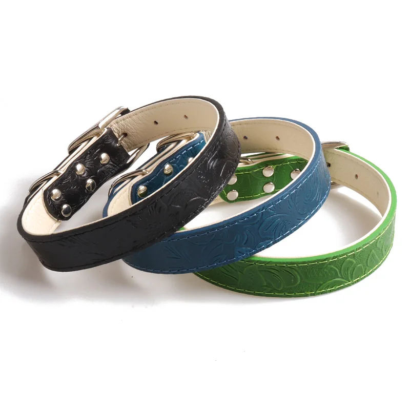 

Real Durable Strong Adjustable Puppy Small Medium Large Pets Collar,Luxury Carved Genuine Leather Metal Buckle Dog Collar