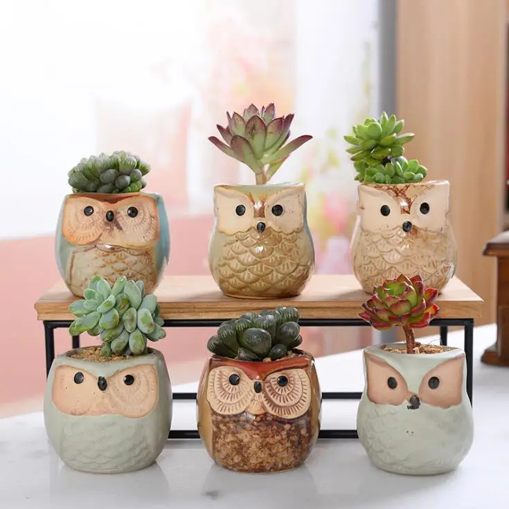 

2020090534 Owl Ceramic Plants Pot Indoor Flower Pot with wooden pad without plant