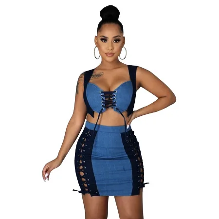 

Free Shipping R03180 - Casual Sleeveless Denim Patchwork Crop Top And Skirt 2 Piece Set Women Clothing