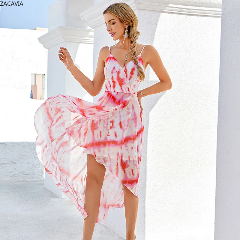 

2021 Tie Dyed Printed Strap Dress Elegant Backless Girls' Dresses Loose Midi Dress