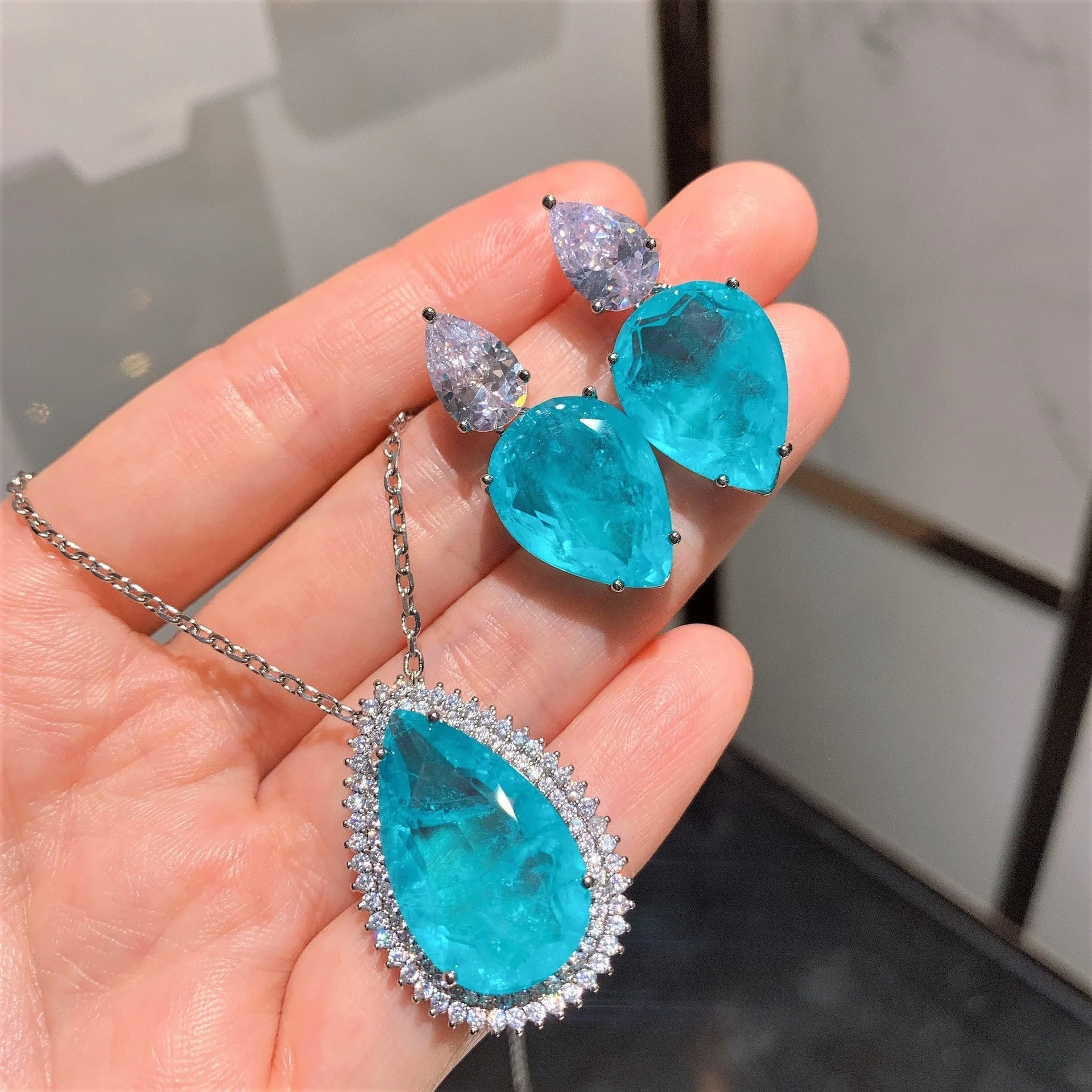 

Luxury Lab Diamonds Paraiba Tourmaline Aquamarine Earrings Pendant Necklace Wedding Jewelry Sets for Women, Customized color