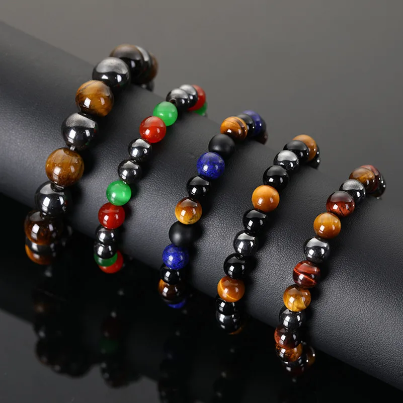 

Natural Colorful Lava Stone Bead Wrap Bracelet Charm Tiger Eye Stone Men Bracelet Bead, Black