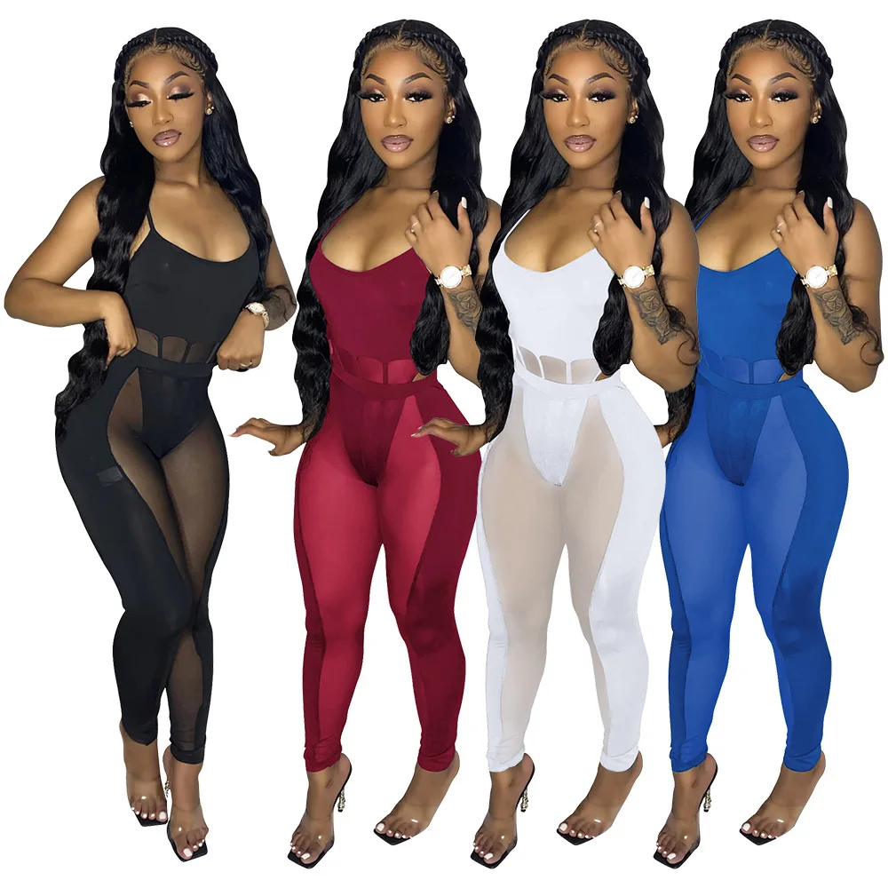 

Summer Mesh Splicing Sleeveless Sling Romper Tops And See Through Trousers Women Hollow Out Nightclub Sexy 2 Piece Sets Outfits