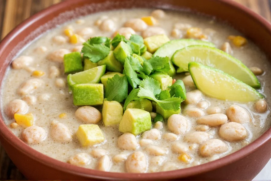 Finished white chicken chili served in bowl with toppings like avocado, cilantro, and lime wedges