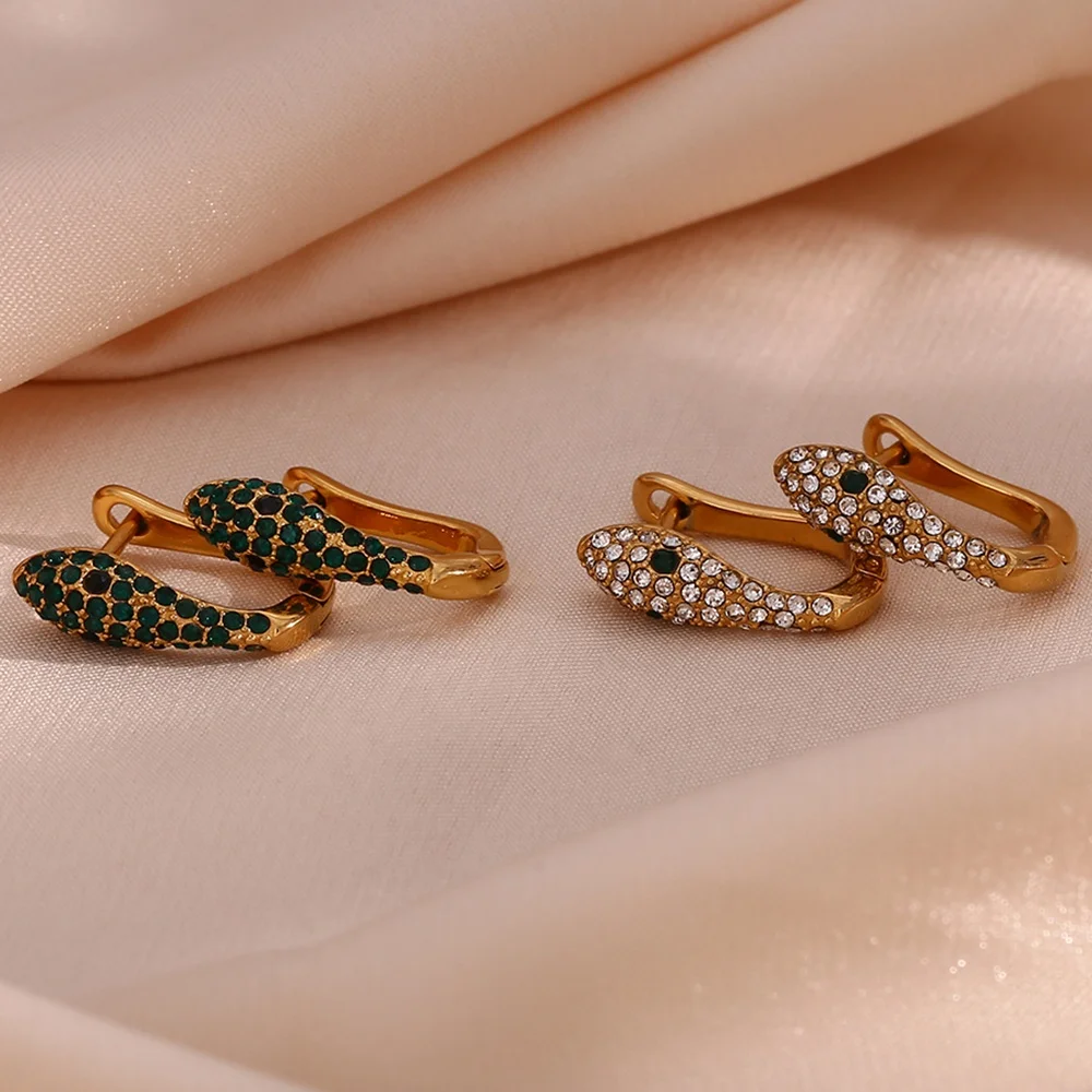 

Luxury Jewelry 18K PVD Gold Plated Stainless Steel Snake Shape Rectangle Zirconia Diamond Earrings for Women Gift