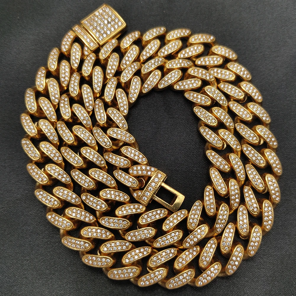 Wholesale In Stock Luxury Stainless Steel Men's 18K Gold Hiphop Jewelry Necklaces 12mm Iced Out Miami Cuban Link Chain Necklace