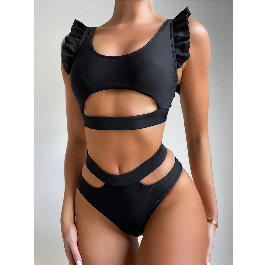 

Wholesale Women's Swimsuit Black Ruffle Bathing Suit Hollow One Piece Swimsuits