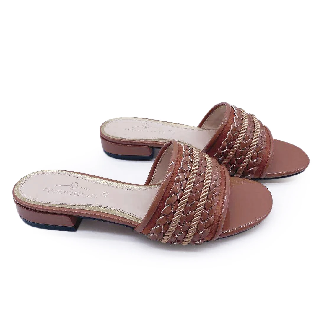 

1551-78 Braided Leather Slippers Summer Women Shoes Low Heeled Flat Slides