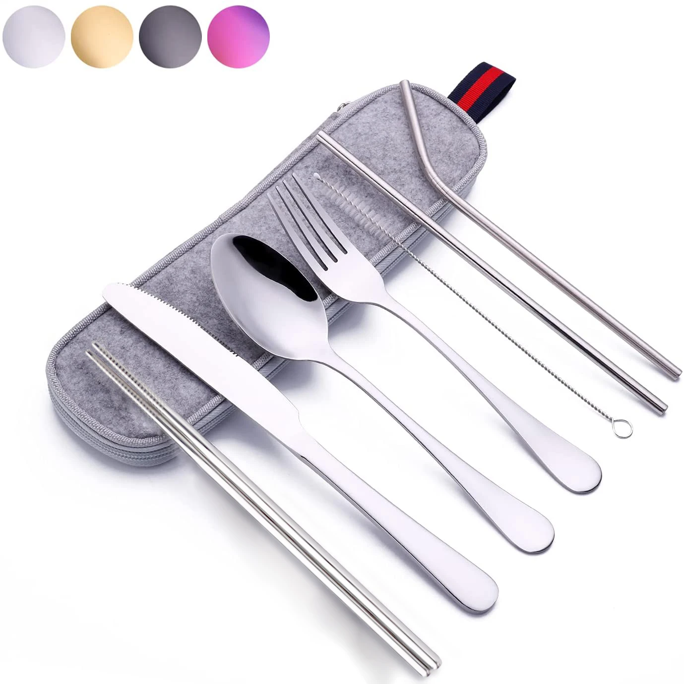 

Reusable Metal Silverware With Chopstick Outdoor Camping Portable Stainless Steel Travel Cutlery Set With Straw, Silver/gold/rosegold/black/colorful