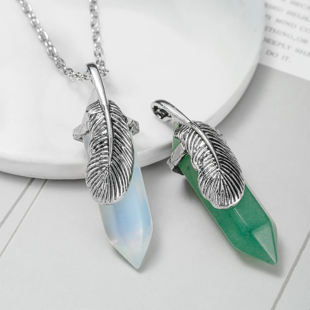

Factory fashion healing gemstone jewelry natural real gem stone quartz necklace silver leaf point crystal pendant men necklace