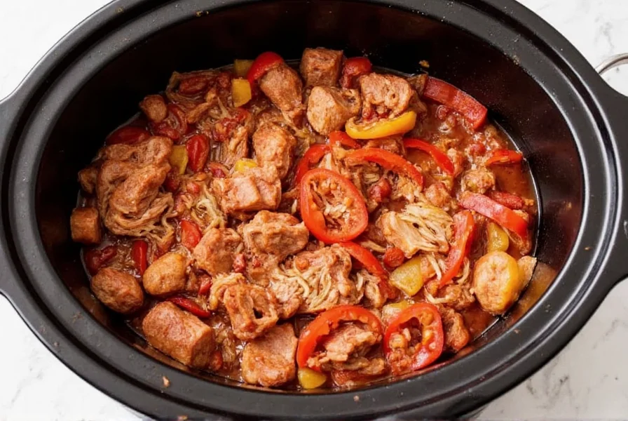 Slow cooker filled with pulled pork chili ingredients including pork shoulder, tomatoes, and spices