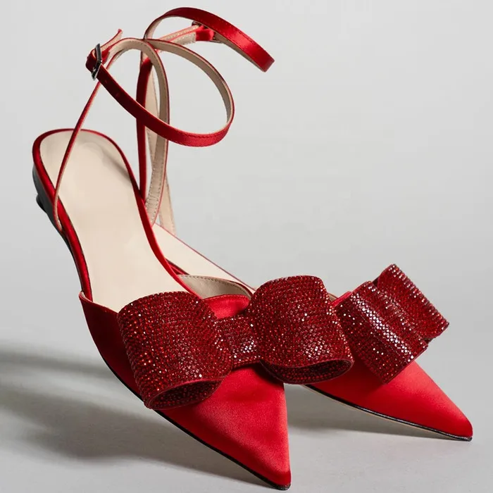 

Factory Direct Sale Luxury Brands Pointed Toe Big Bow Dress Shoes Women Flat Satin Leather Pumps Shoes, Red,black,silver