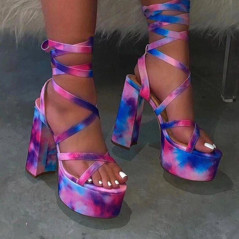 

BUSY GIRL AL8066 Women's Sexy Cross Strap Lace Tie-Dye Platform Thick Heel Sandals High Heels female nightclub high heel, Purple/red&yellow