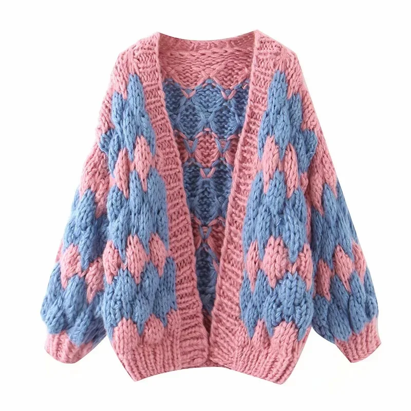 

factory custom Mohair contrast wave pattern hand knit sweater thick pin coat lantern sleeve handmade heavy cardigan female