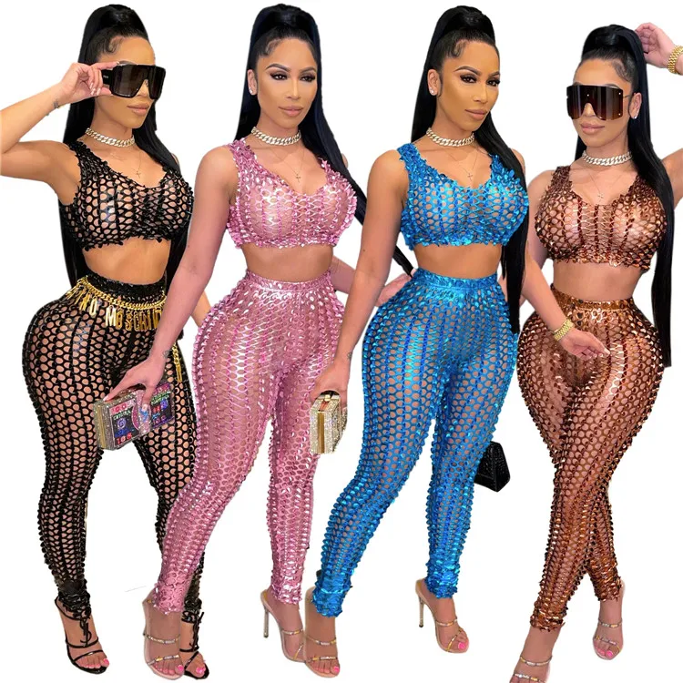 

Fashion Bodycon Club Outfits For Women Two Piece Set Hollow Out Fish Scale Net Shiny luxury Two Piece Pants Set, As picture
