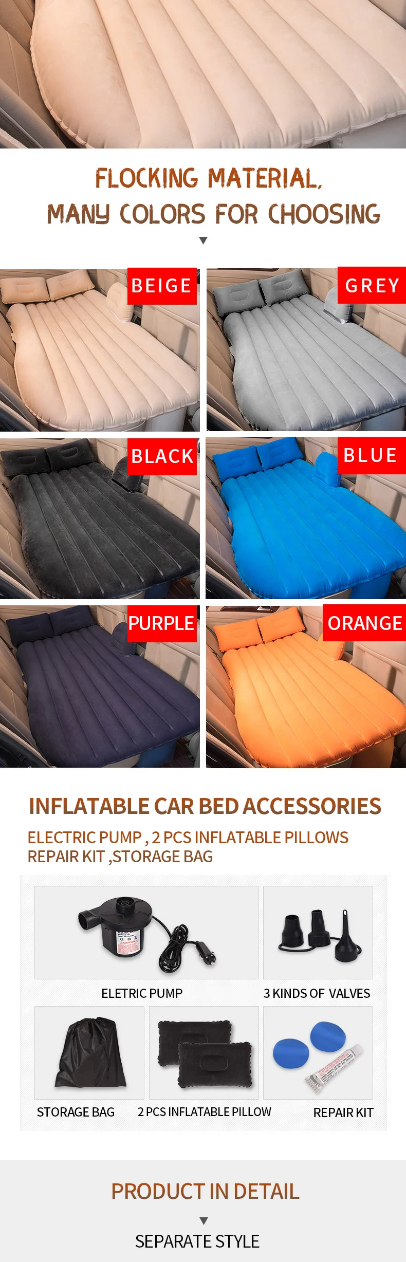 New Hot Sell Car Travel Inflatable Mattress Air Bed Pvc Flocking