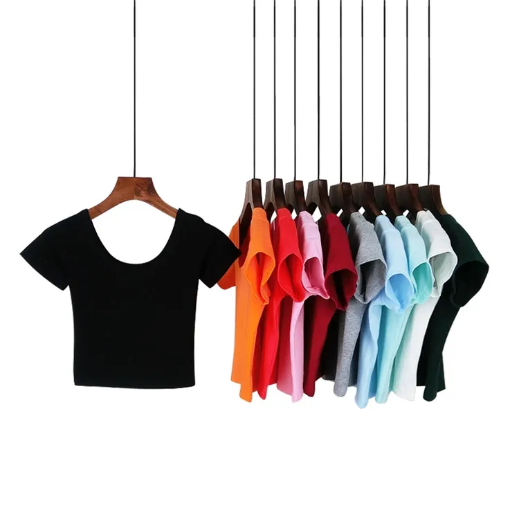 Women's Solid Color Round Neck Short Sleeve Girl Cotton Wholesale Navel Short Casual Gym Crop Tops T-Shirt
