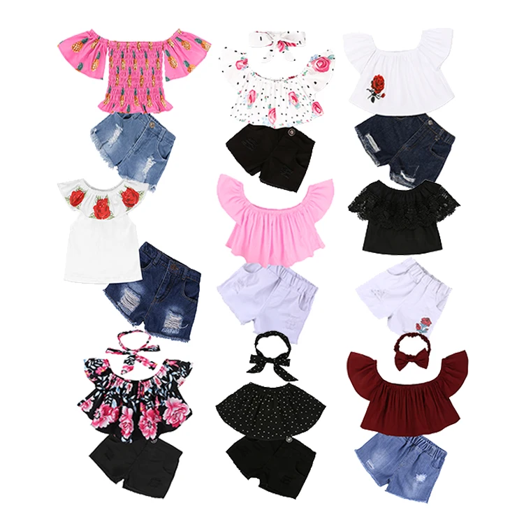 

Two piece girls top shorts set outfits children clothes boutique summer kids baby girl clothing set, Various design