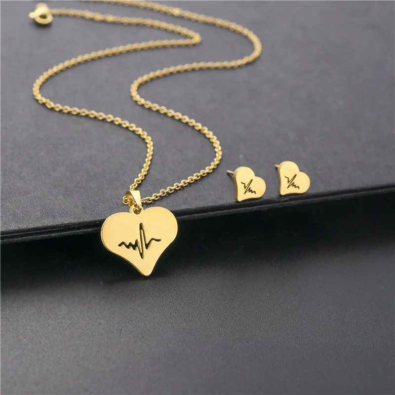 

Daicy cheap wholesale fashion stainless steel polish heart shape heartbeat ECG jewelry set for woman