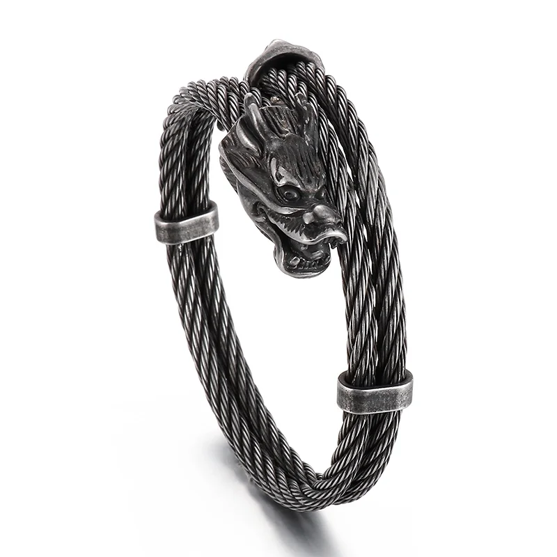 KALEN Punk Mens Stainless Steel Cuff Bracelets With Dragon Head&Tail Charms