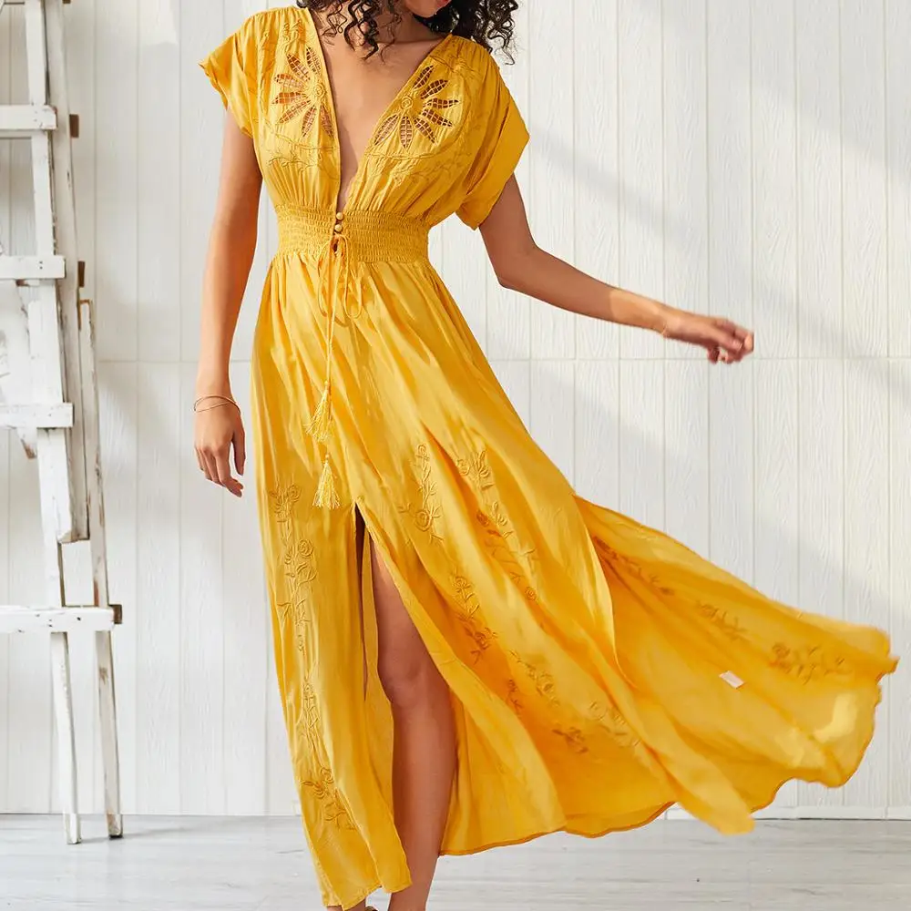 

2020 new arrivals summer collection V neck bohemian style embroidery women long casual dresses