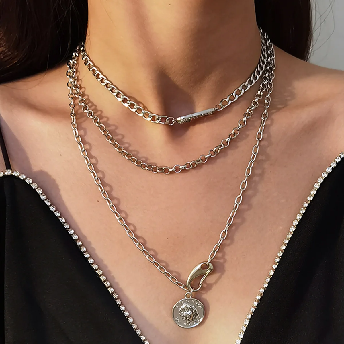 

2021 New Fashion Silver Jewelry Women Link Chains Necklace Hips Hops Lobster Clasp Coin Multi Layer Chain Necklace