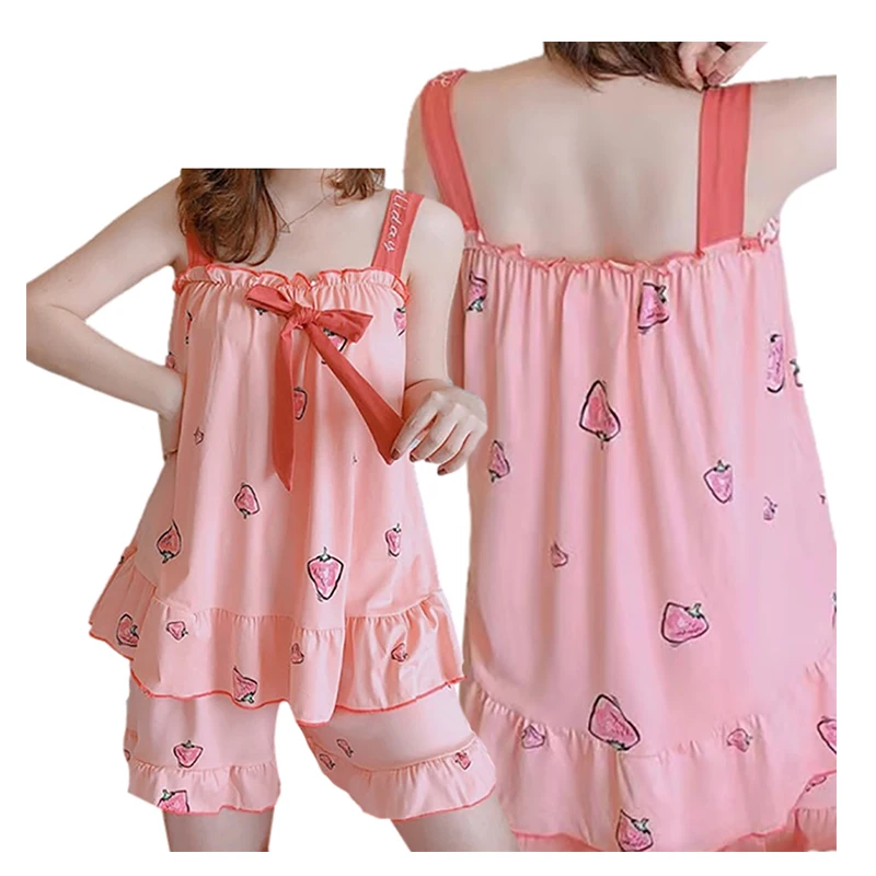 

summer sleeveless 2 piece set Embroidery cartoon print ruffle breathable women sleepwear home wear knitted sleep wear suit