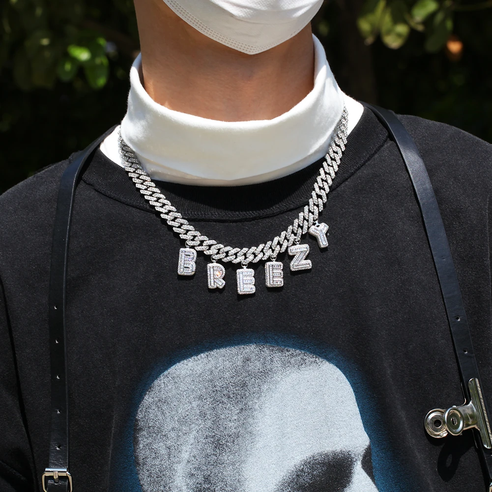 

Hiphop Jewelry Full Bling Punk Collar Glamour Miami Cuban Link Bubble Font Letter Custom Name Necklace Chain, Gold,silver